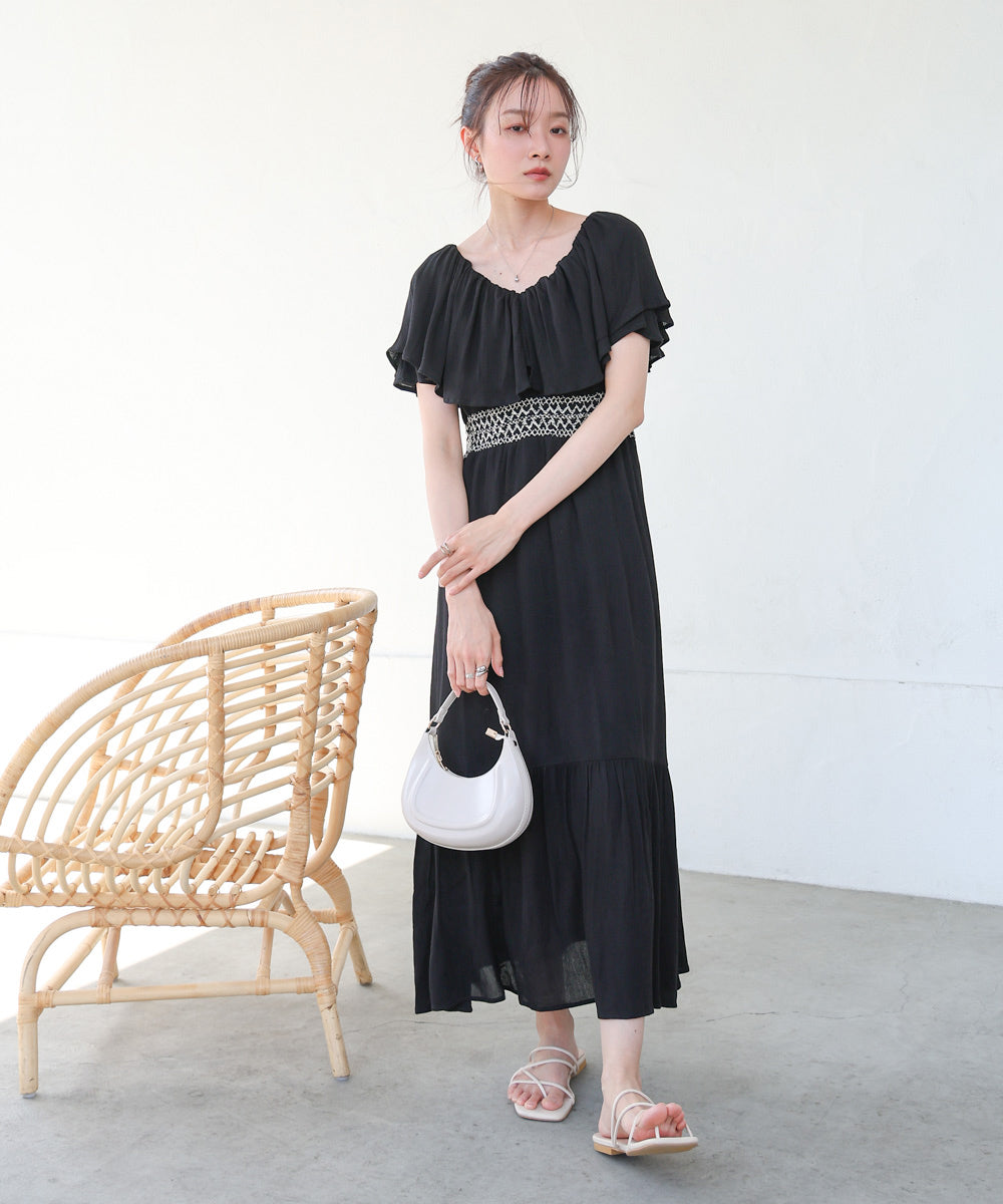 S・Mサイズ展開】レーヨンクレープスモッキングワンピース