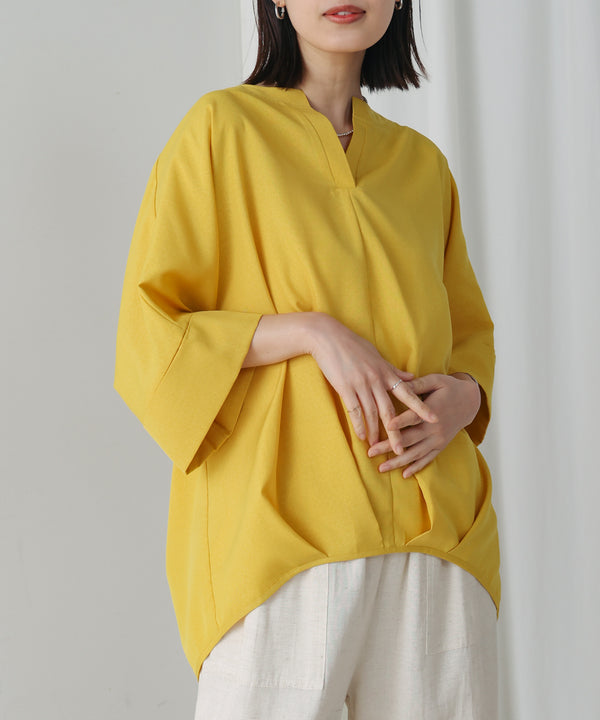 麻ライクキーネックタックスリーブブラウス［5/19発送予定］