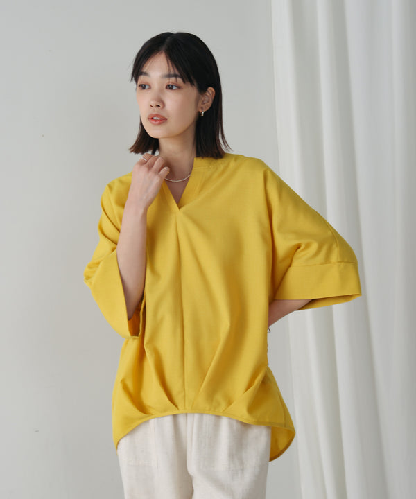 麻ライクキーネックタックスリーブブラウス［5/19発送予定］