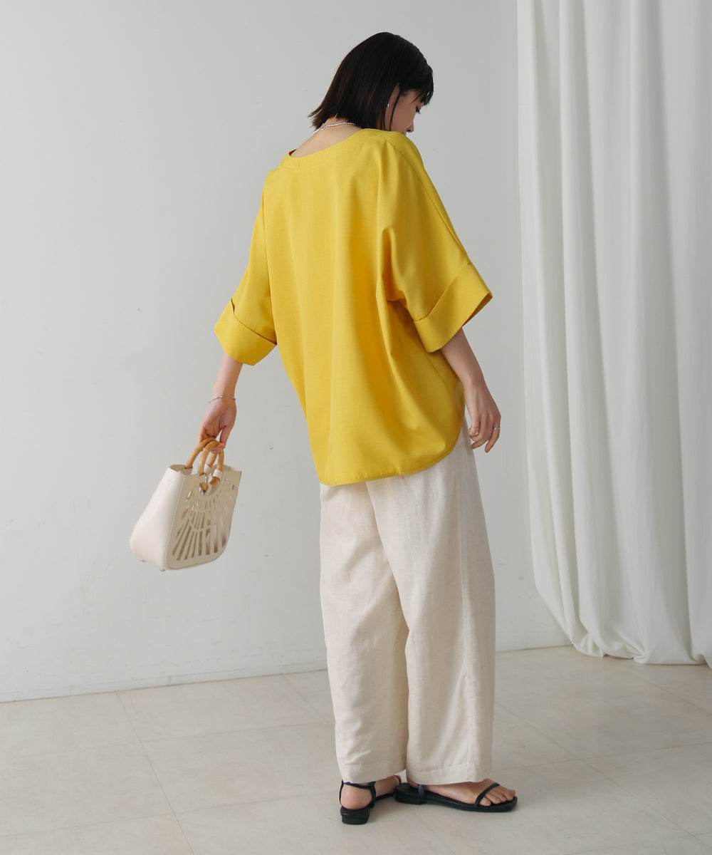 麻ライクキーネックタックスリーブブラウス［5/19発送予定］