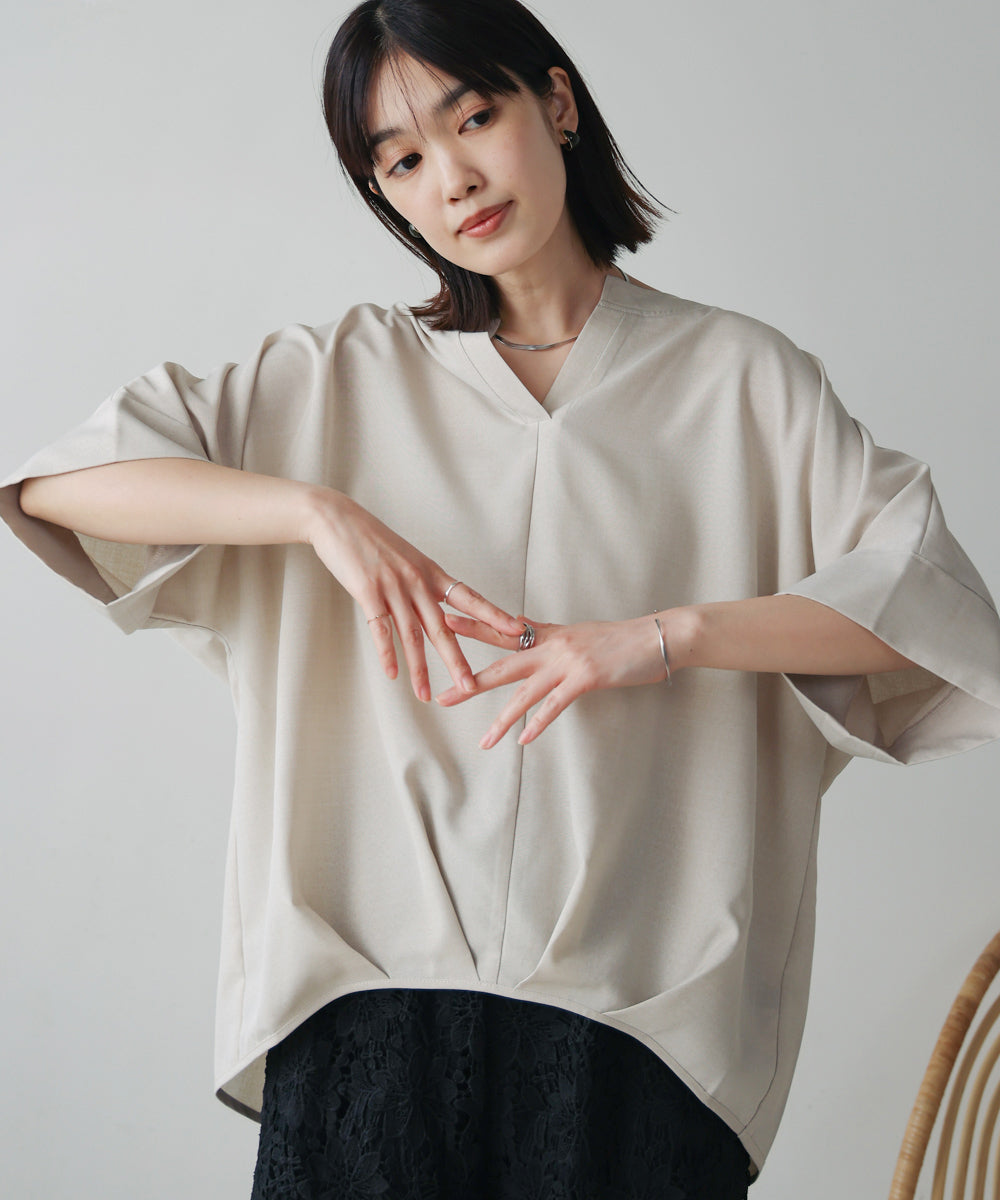 麻ライクキーネックタックスリーブブラウス［5/19発送予定］