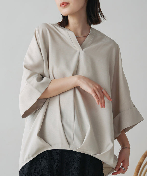 麻ライクキーネックタックスリーブブラウス［5/19発送予定］