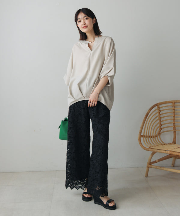 麻ライクキーネックタックスリーブブラウス［5/19発送予定］