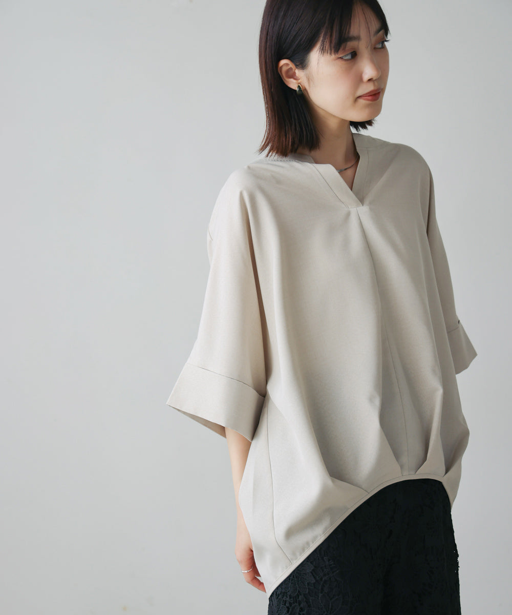 麻ライクキーネックタックスリーブブラウス［5/19発送予定］