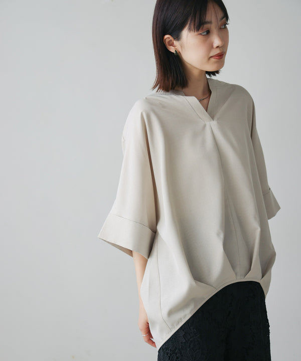 麻ライクキーネックタックスリーブブラウス［5/19発送予定］