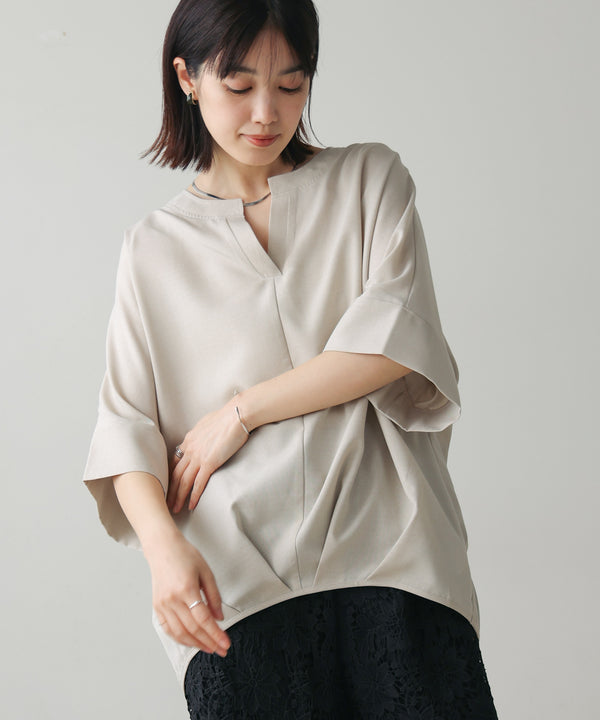 麻ライクキーネックタックスリーブブラウス［5/19発送予定］