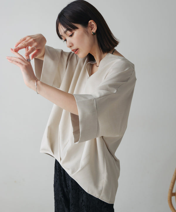 麻ライクキーネックタックスリーブブラウス［5/19発送予定］