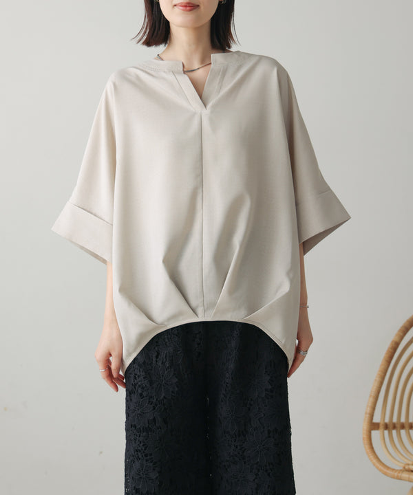 麻ライクキーネックタックスリーブブラウス［5/19発送予定］
