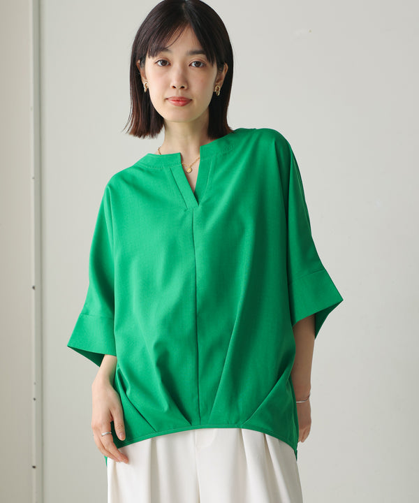 麻ライクキーネックタックスリーブブラウス［5/19発送予定］