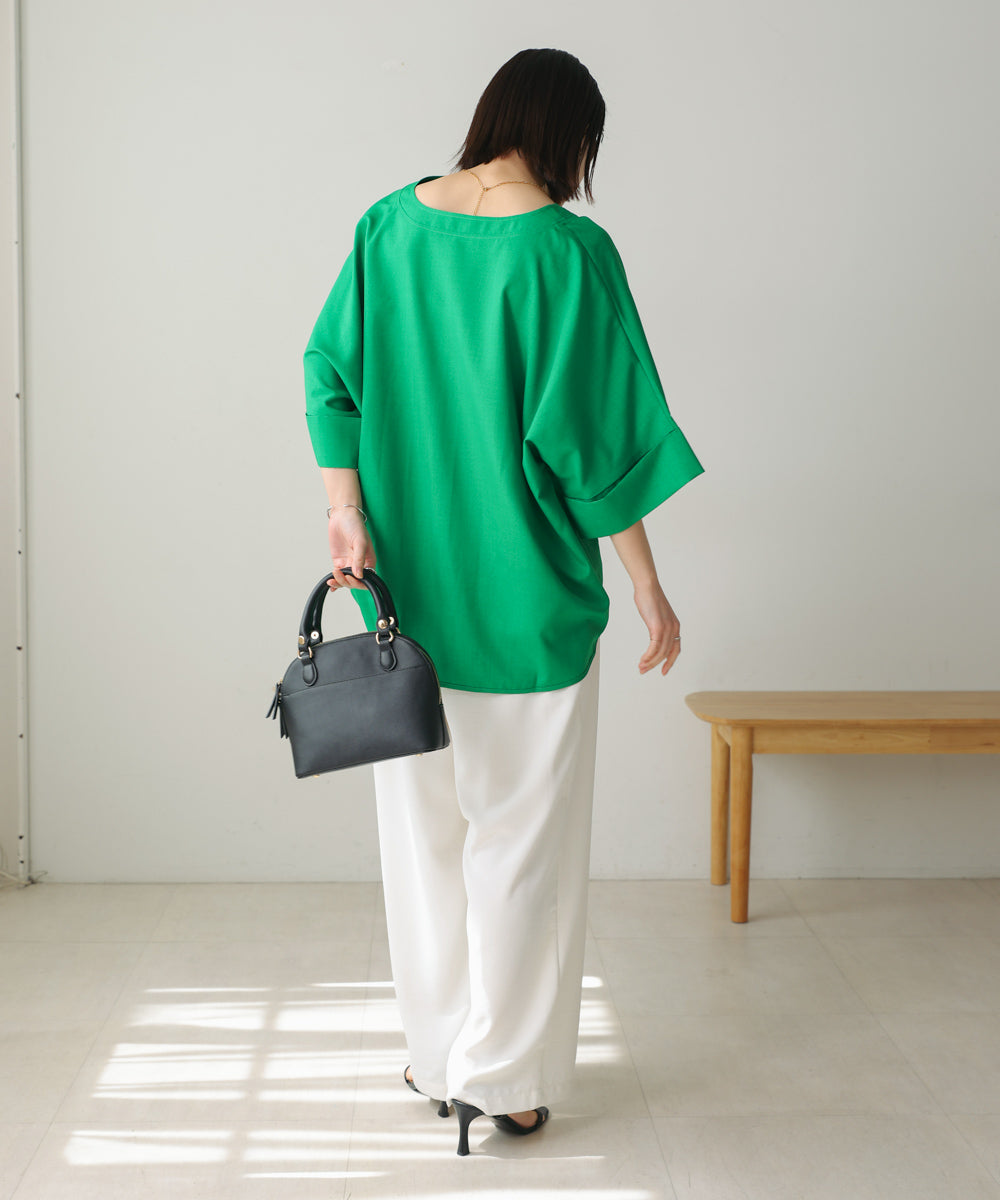 麻ライクキーネックタックスリーブブラウス［5/19発送予定］
