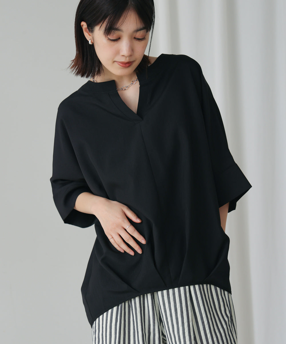 麻ライクキーネックタックスリーブブラウス［5/19発送予定］