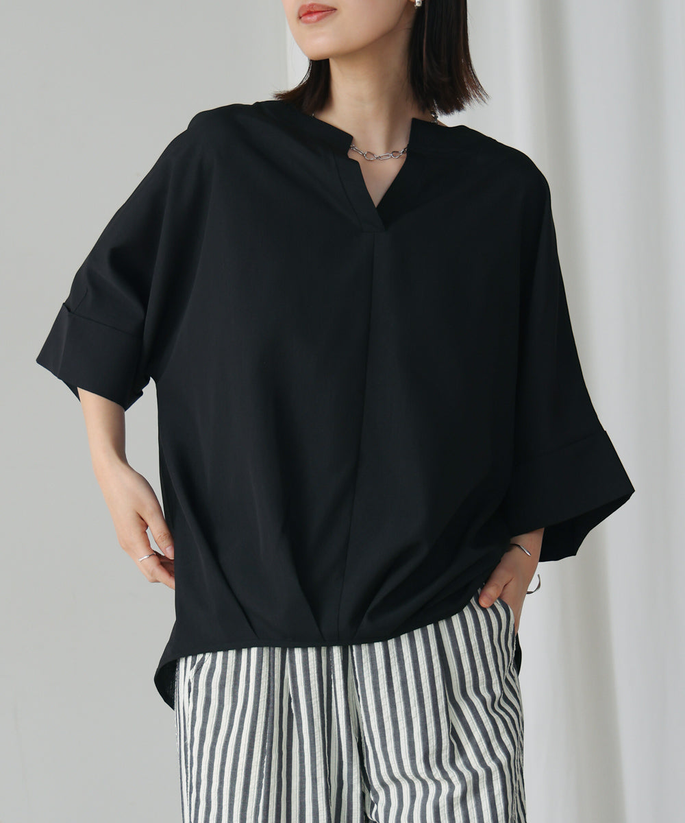 麻ライクキーネックタックスリーブブラウス［5/19発送予定］