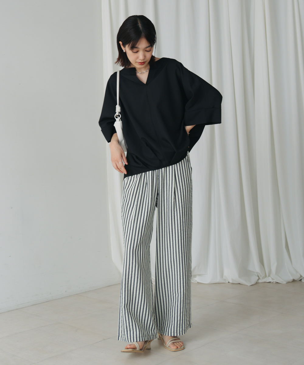 麻ライクキーネックタックスリーブブラウス［5/19発送予定］