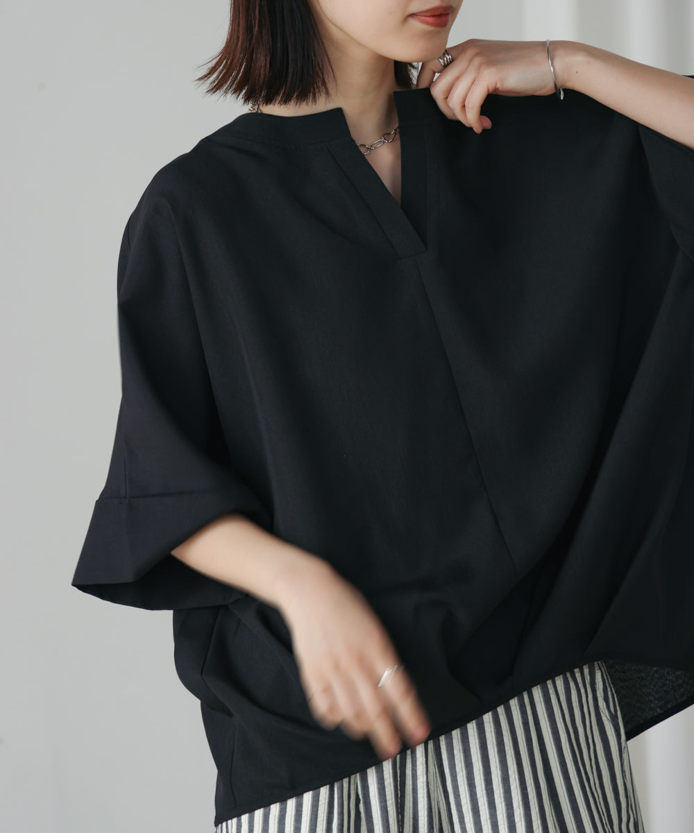 麻ライクキーネックタックスリーブブラウス［5/19発送予定］