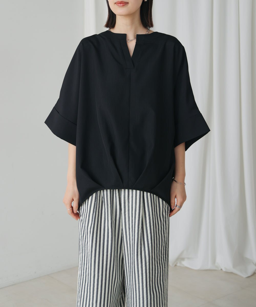 麻ライクキーネックタックスリーブブラウス［5/19発送予定］