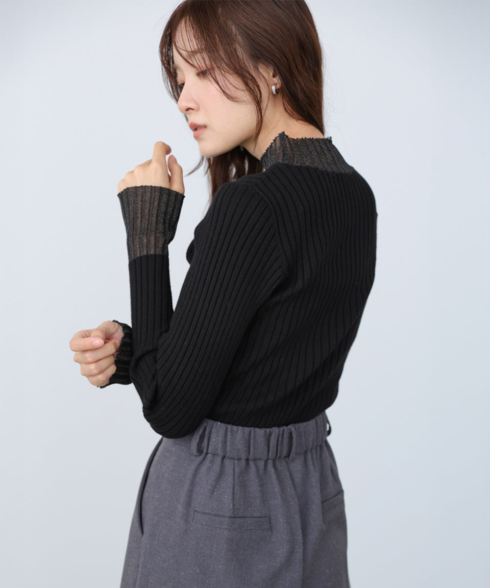 【選べるネック】シアー使いリブニットトップス