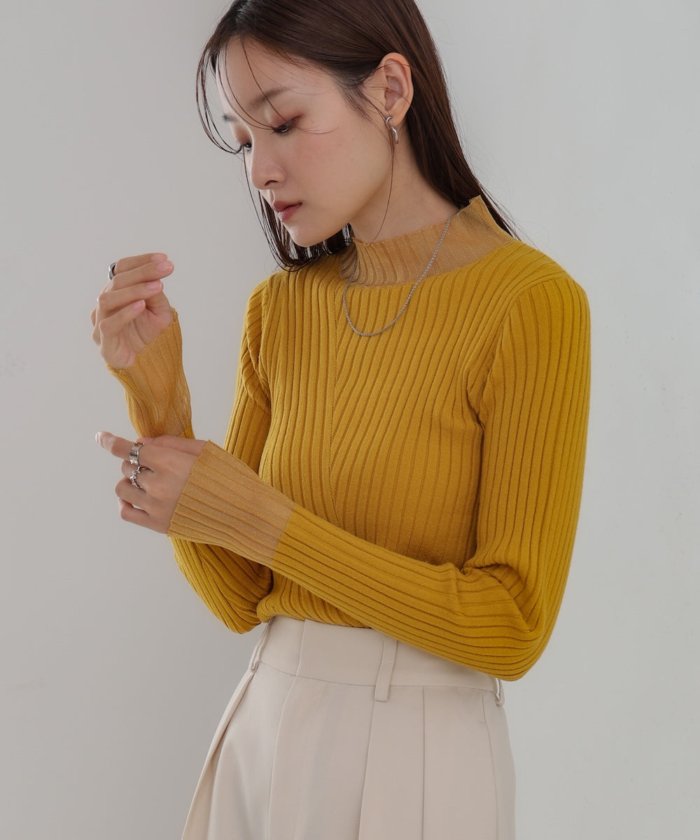 【選べるネック】シアー使いリブニットトップス