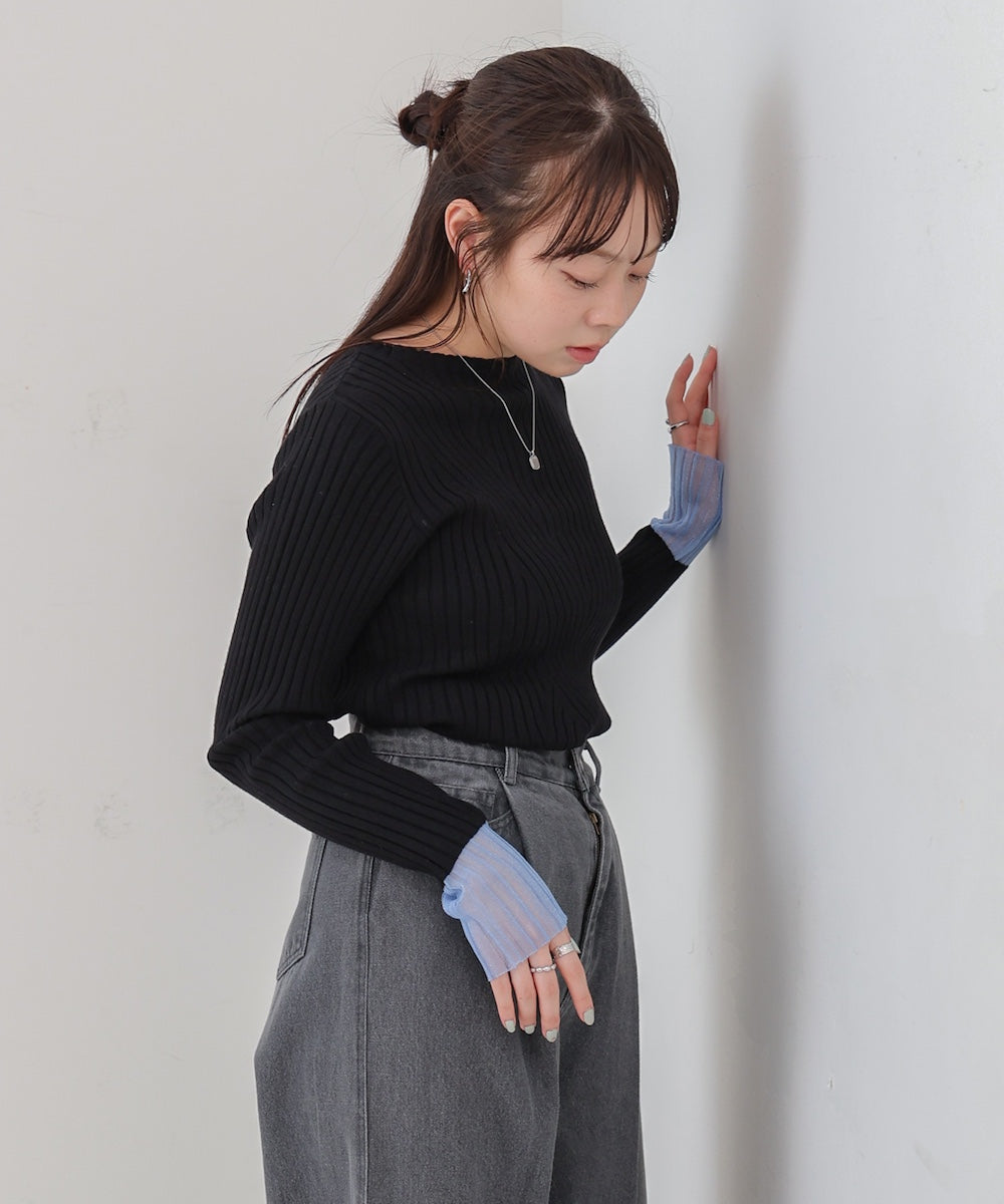 【選べるネック】シアー使いリブニットトップス