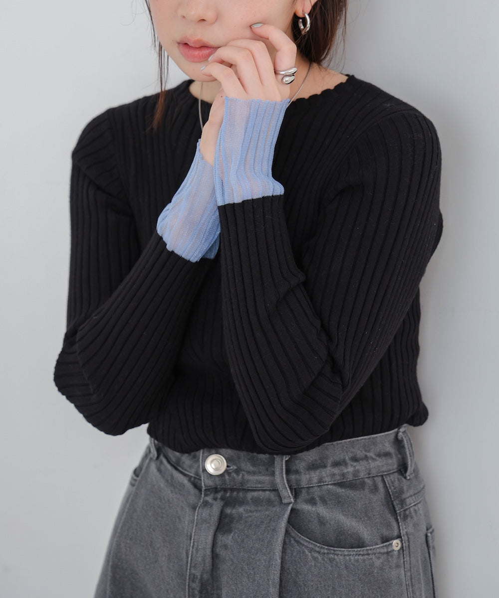 【選べるネック】シアー使いリブニットトップス