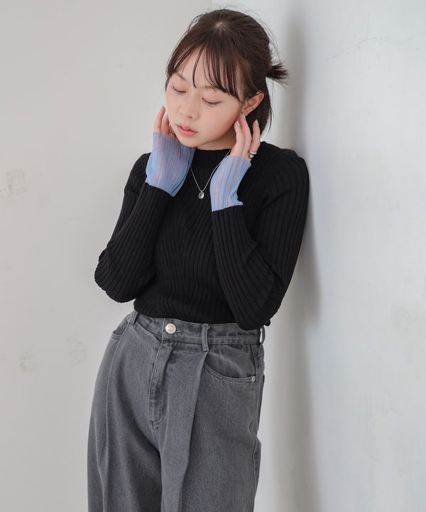 【選べるネック】シアー使いリブニットトップス