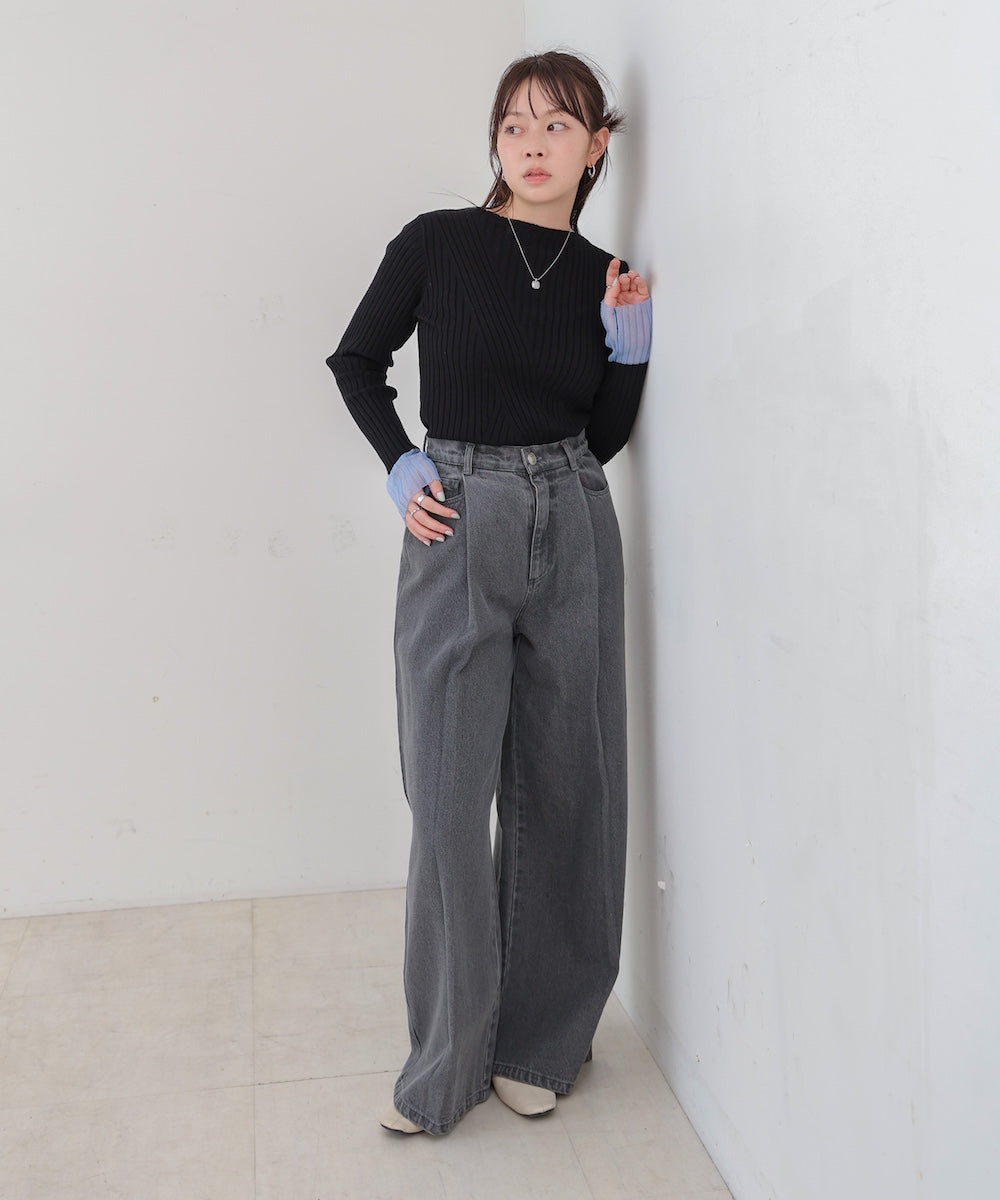 【選べるネック】シアー使いリブニットトップス