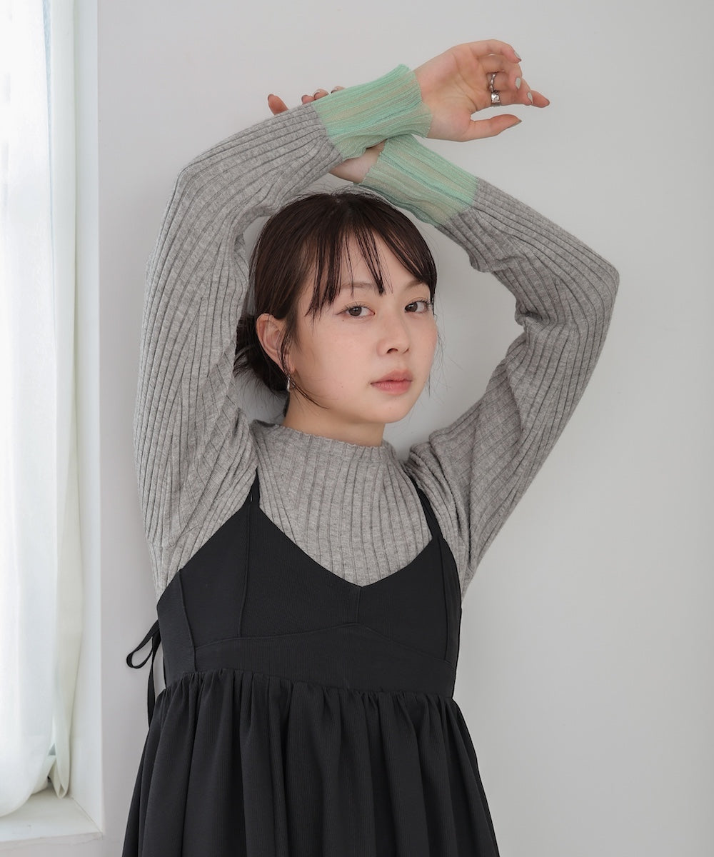 【選べるネック】シアー使いリブニットトップス