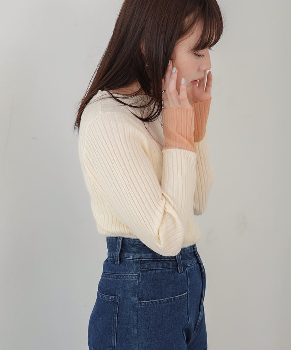 【選べるネック】シアー使いリブニットトップス