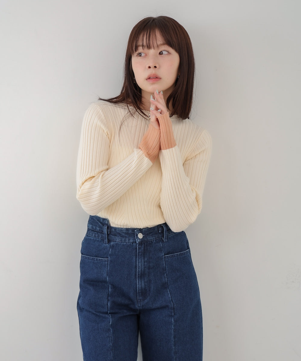 【選べるネック】シアー使いリブニットトップス