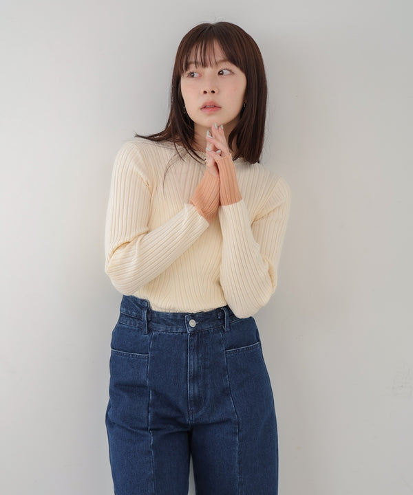 【選べるネック】シアー使いリブニットトップス