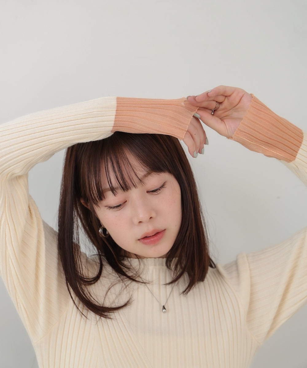 【選べるネック】シアー使いリブニットトップス