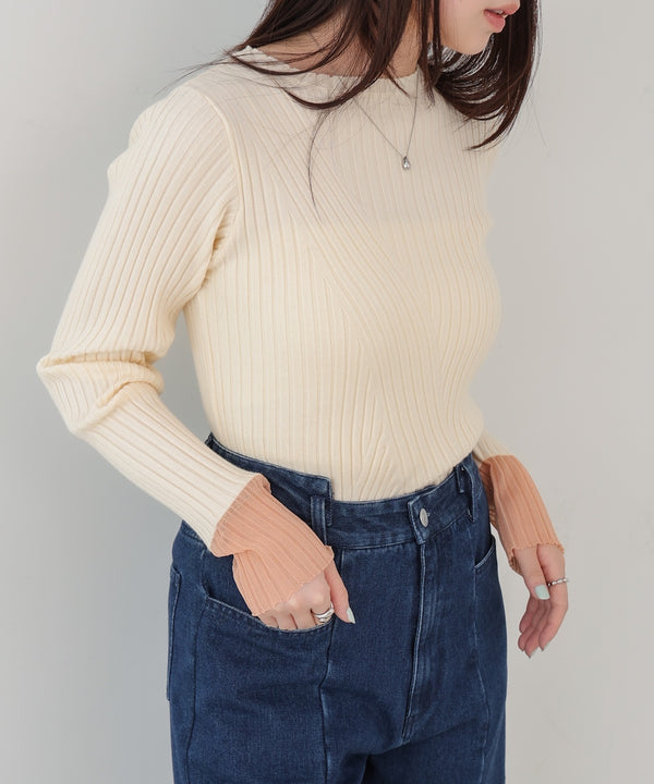 【選べるネック】シアー使いリブニットトップス