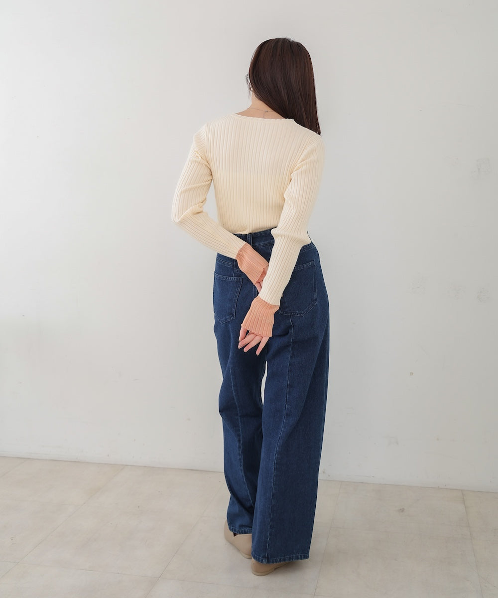 【選べるネック】シアー使いリブニットトップス