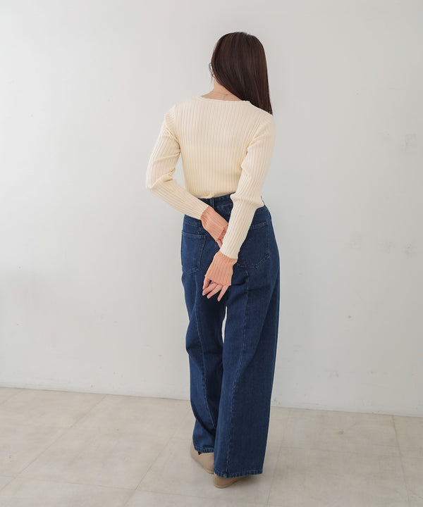 【選べるネック】シアー使いリブニットトップス