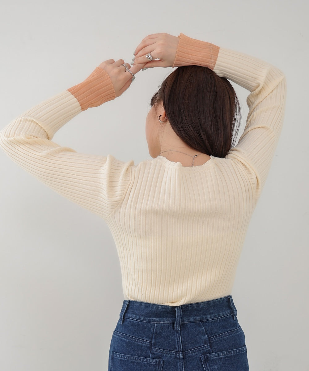 【選べるネック】シアー使いリブニットトップス
