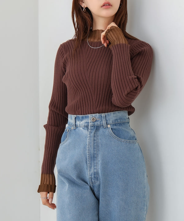 【選べるネック】シアー使いリブニットトップス