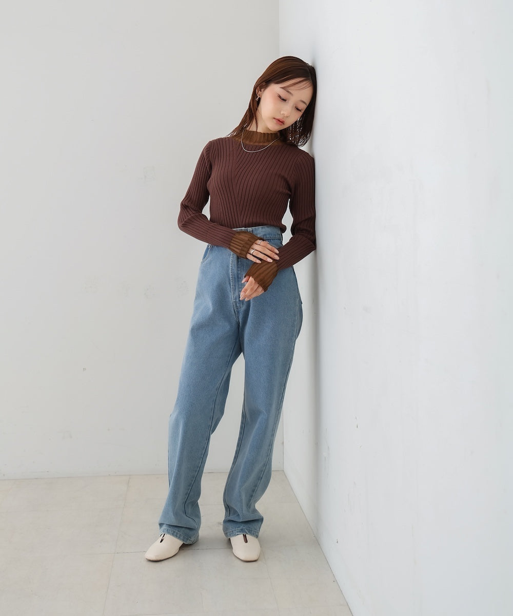 【選べるネック】シアー使いリブニットトップス
