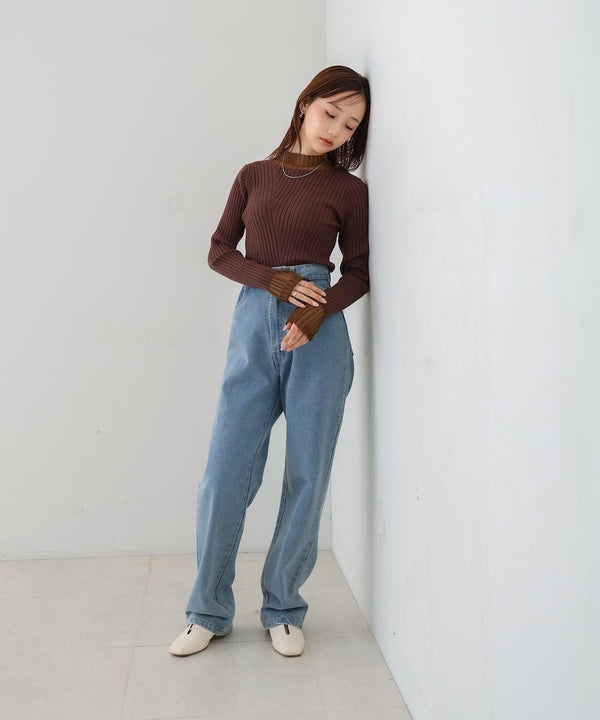 【選べるネック】シアー使いリブニットトップス