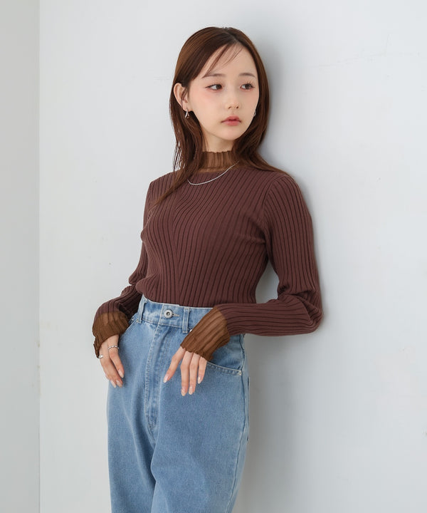 【選べるネック】シアー使いリブニットトップス
