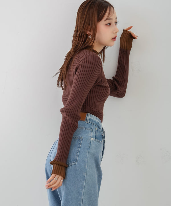 【選べるネック】シアー使いリブニットトップス