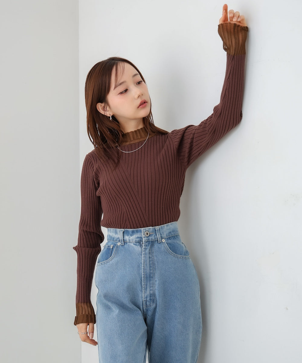【選べるネック】シアー使いリブニットトップス