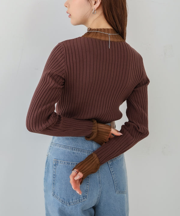 【選べるネック】シアー使いリブニットトップス