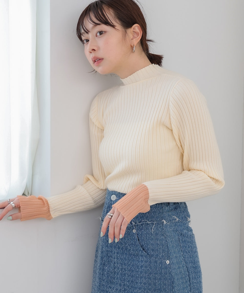 【選べるネック】シアー使いリブニットトップス