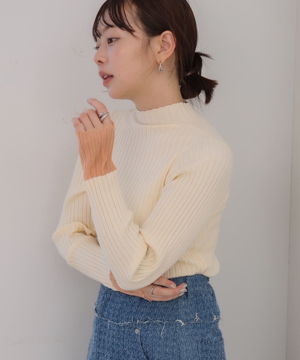 【選べるネック】シアー使いリブニットトップス