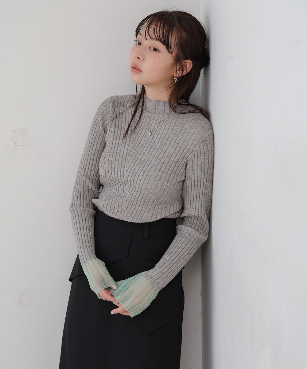 【選べるネック】シアー使いリブニットトップス