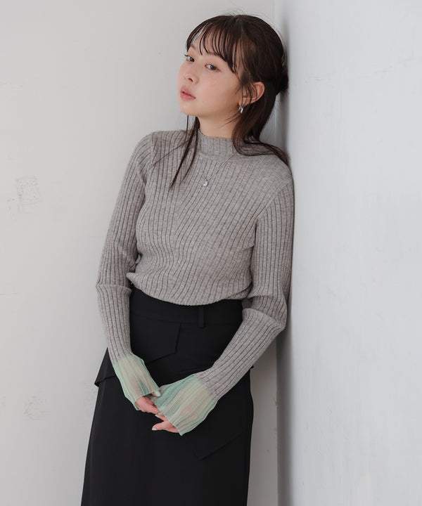 【選べるネック】シアー使いリブニットトップス