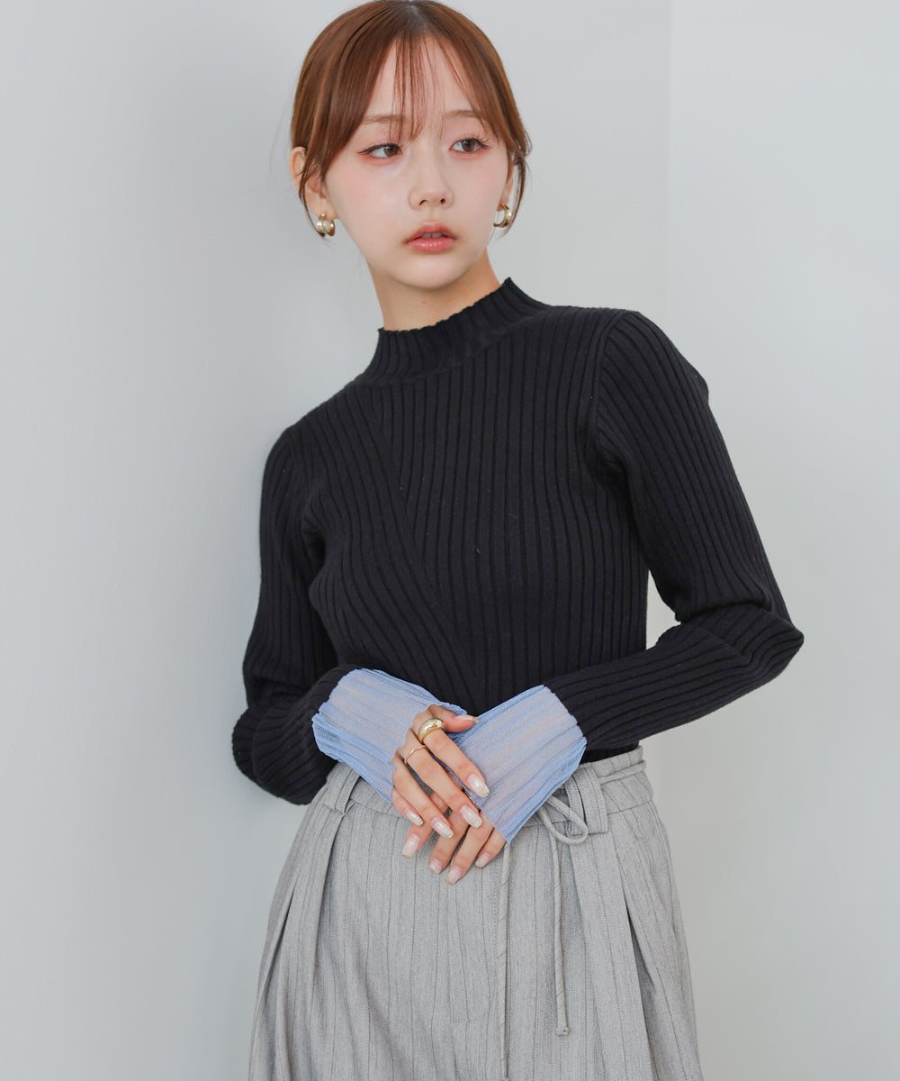 【選べるネック】シアー使いリブニットトップス