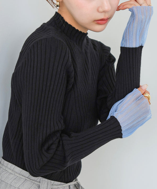 【選べるネック】シアー使いリブニットトップス