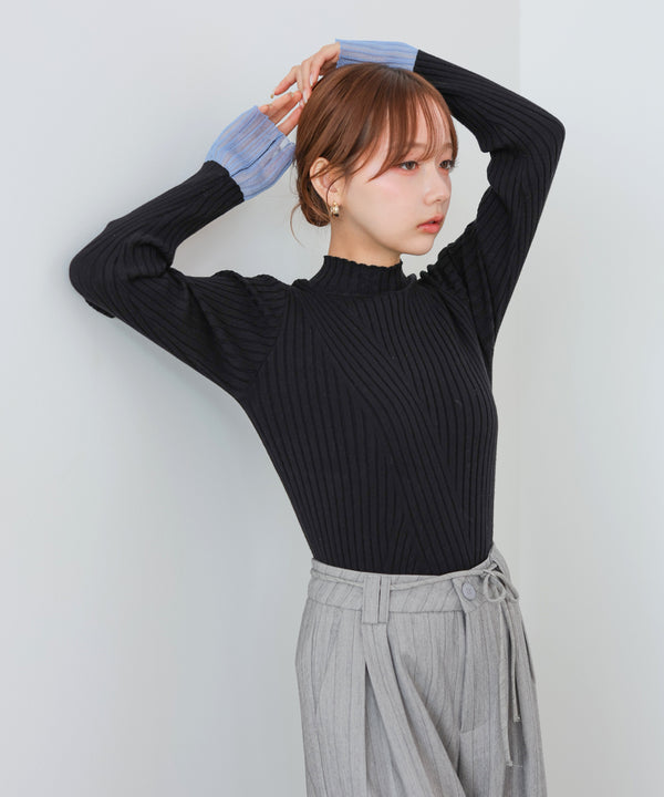 【選べるネック】シアー使いリブニットトップス