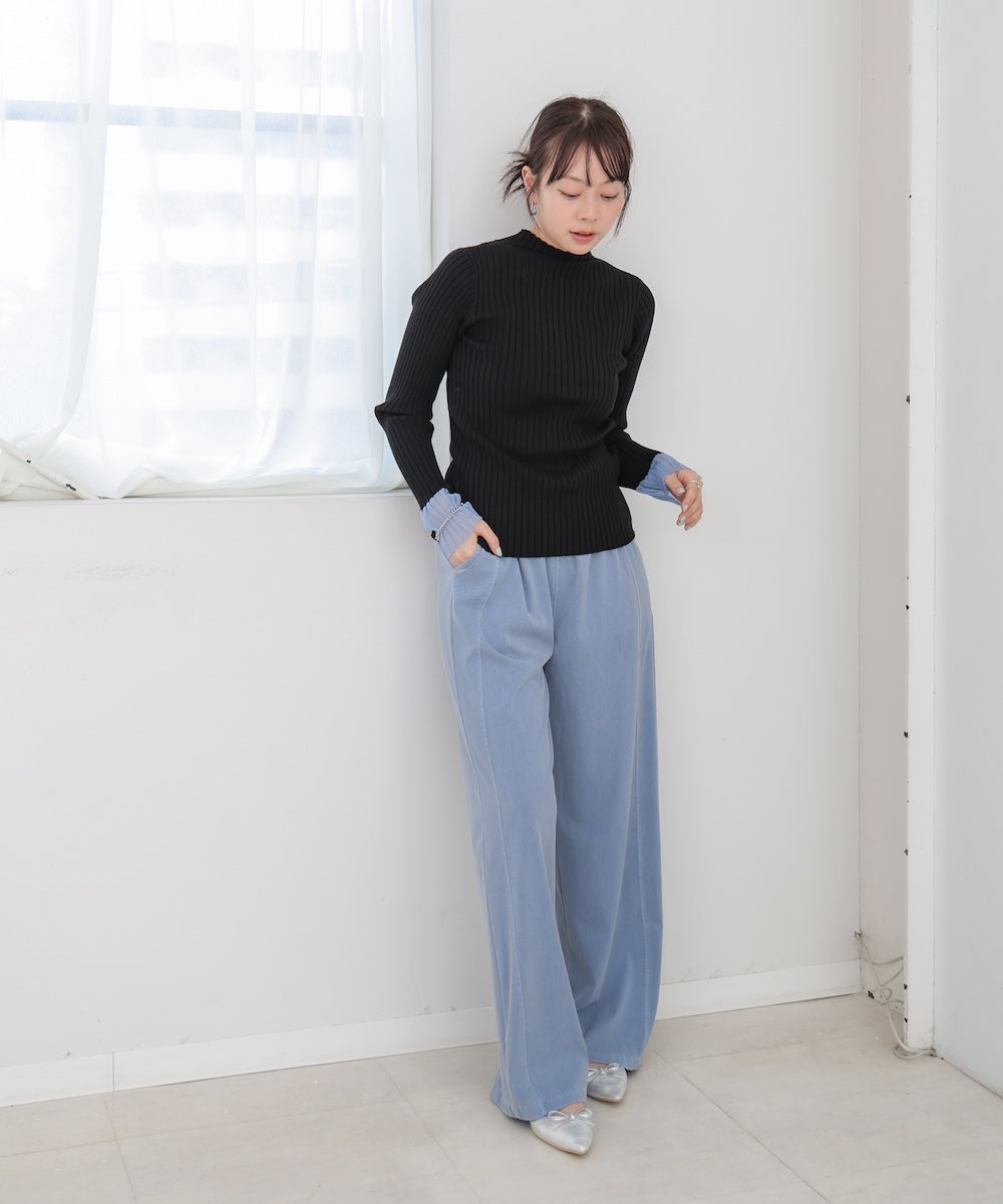 【選べるネック】シアー使いリブニットトップス