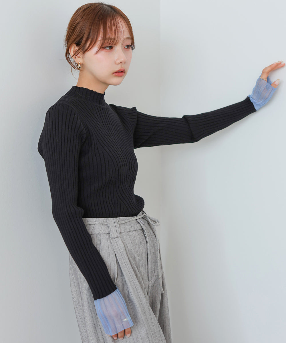 【選べるネック】シアー使いリブニットトップス